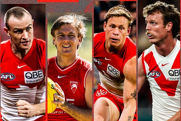 Sydney Swans players (from left) Chad Warner, James Jordon, Isaac Heeney and Nick Blakey.