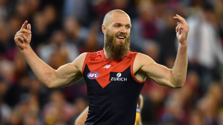 Max Gawn celebrates against the Hawks during the Demons semi-final win. 