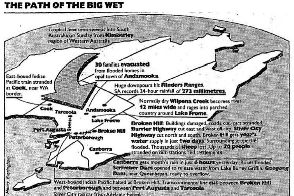Graphic: The path of the big wet. From the SMH, March 15, 1989