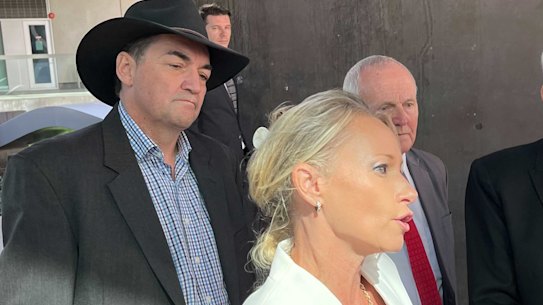 Former Logan councillors Phil Pidgeon, Trevina Schwarz and Russell Lutton, with Ms Schwarz’s lawyer Terry O’Gorman outside Brisbane Magistrates Court after their fraud charges were dropped.