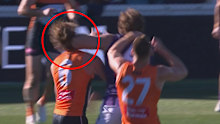 Giants star Lachie Whitfield was ruled out of the remainder of his side's clash with the Dockers with a concussion.
