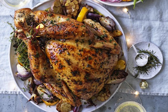 The brown sugar in the dry brine helps to create this deep golden colour.