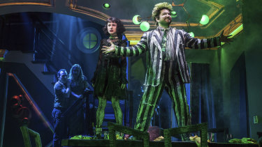Rob McClure (from left) Kerry Butler, Sophia Anne Caruso and Alex Brightman during a performance of Beetlejuice, for which Perfect wrote the music and lyrics. 