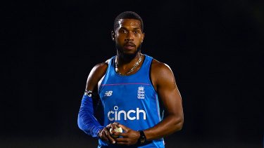 Chris Jordan looks on at England training during the T20 World Cup. 