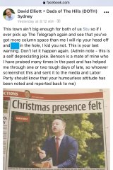 Police Minister David Elliott’s foul-mouthed joke on Facebook.