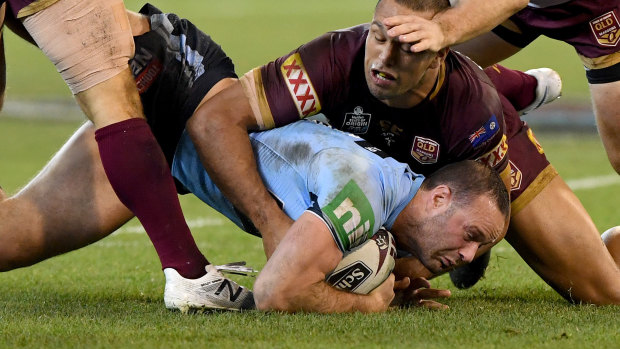 One boot: Boyd Cordner lost his boot for several minutes during the State of Origin match after Ben Hunt threw it out of the field of play.