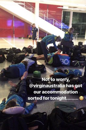 Edwina Bone's Instagram story showing the Australian hockey squads stranded in an airport.