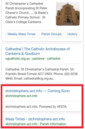 A screenshot of the Google search "St Christopher's Cathedral Canberra". The third listing, with a URL that reflects the church's title, is a pornography site.