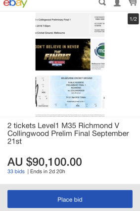 Two tickets for "standing-room only" at the MCG which had a starting bid of about $300 but received more than 33 bids pushing the price up to more than $90,000. 