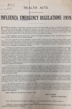 A Victorian Emergency Regulations notice issued during the Spanish flu outbreak of 1919.