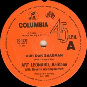 Record label for “Our Don Bradman” recorded in Sydney in 1930 by Columbia Records and re-issued in 1967.
