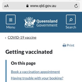 The prompt in the Check In Queensland app takes users to the state government’s website featuring vaccine information and registrations. 