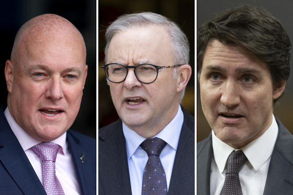 Anthony Albanese spent weeks negotiating a statement with New Zealand Prime Minister Christopher Luxon, left, and Canadian Prime Minister Justin Trudeau, right, that warned against an Israeli siege or blockade in Gaza.