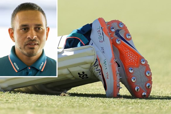 Usman Khawaja wearing “All lives are equal” on his shoes during an Australian nets session at the WACA on Tuesday.