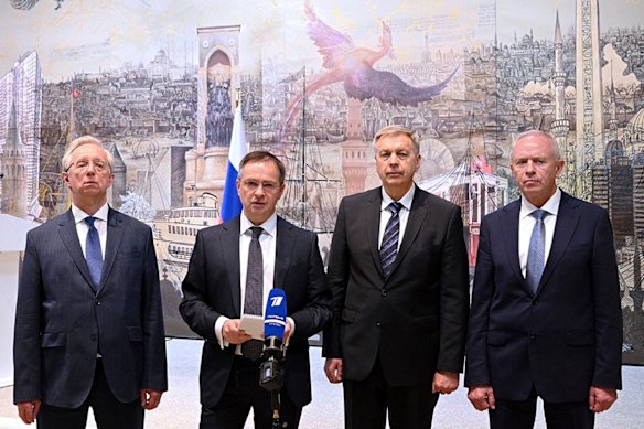 Putin aide Vladimir Medinsky (second left) is leading the Russian delegation.