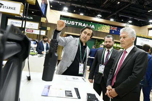 DroneShield CEO Oleg Vornik (left) with Australia’s high commissioner to London Stephen Smith (right) at a defence exhibition in London earlier this month.