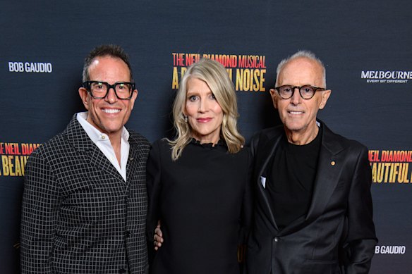 Michael Mayer, Katie Diamond and Paul Dainty at the opening night of A Beautiful Noise: The Neil Diamond Musical at the Princess Theatre in Melbourne on Saturday, August 8, 2026. 