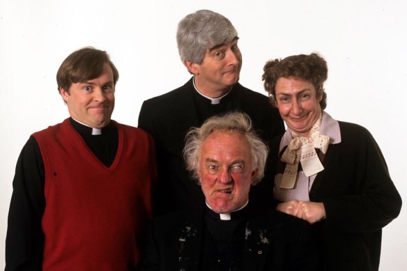Ardal O’Hanlon (left) as the dim-witted Father Dougal in Father Ted.