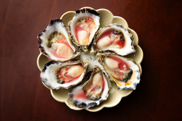 Oysters with rhubarb.