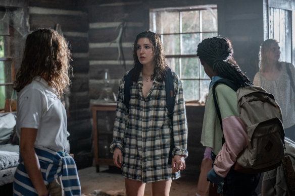 Ella Purnell (left) as Teen Jackie, Sophie Nélisse as Teen Shauna, Keeya King as Teen Akilah and Jane Widdop as Teen Laura Lee in Yellowjackets.