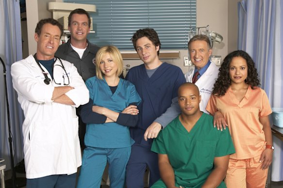 The cast of the original Scrubs (from left): John C. McGinley, Neil Flynn, Sarah Chalke, Zach Braff, 
Donald Faison, Bon Keslo and Judy Reyes. 