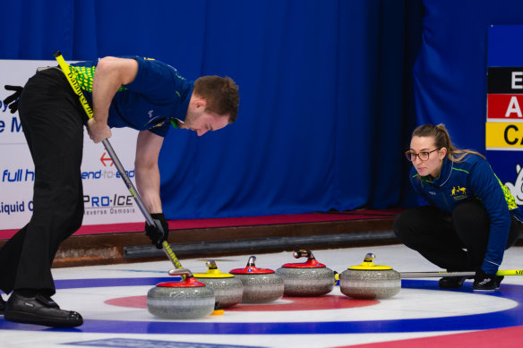 Australian curling mixed doubles representatives Dean Hewitt and Tahli Gill compete at the World Mixed Doubles Championship in 2021.