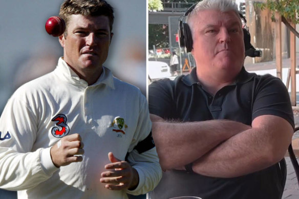 Former Test cricketer Stuart MacGill (left) in 2003 and (right) talking to  former teammate-turned-podcaster Shane Lee about his kidnapping ordeal.