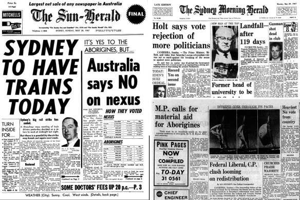 How the Sydney Morning Herald reported the 1967 referendum result: May 28, 1967 (left); May 29, 1967 (top and bottom right). 