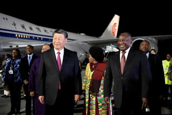 Chinese President Xi Jinping meets South African President Cyril Ramaphosa ahead of the summit at Tambo International Airport in Johannesburg.