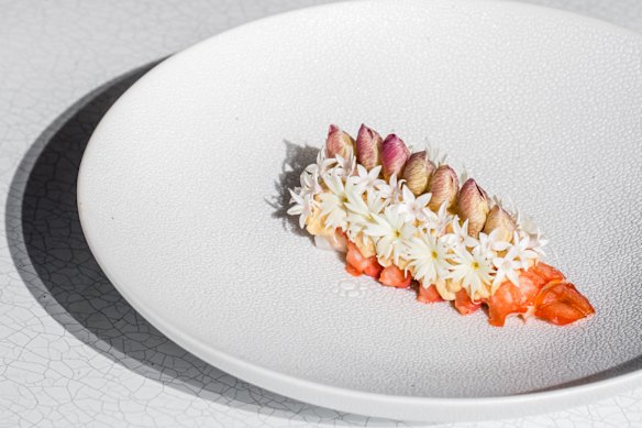 Marron and Flowers. “Another example of the beautiful mix of contrasting but complementary ingredients and textures within a dish, paired with a simple but textural plate.”