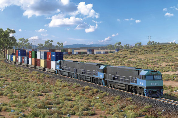 An artist’s impression of a double-stacked freight train on the Inland Rail between Melbourne and Brisbane. 