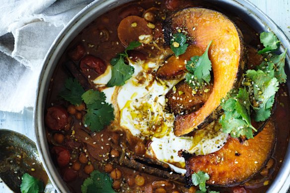 Spiced chickpea stew topped with roast pumpkin wedges.