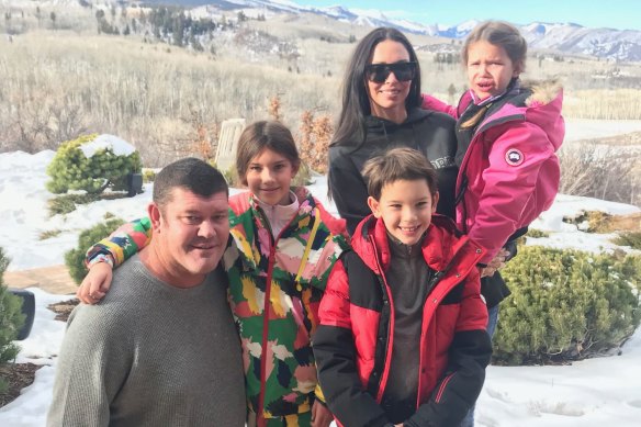 James Packer with his children Indigo, Jackson and Emmanuelle, with their mother and his ex wife Erica at their home in Aspen last year. 