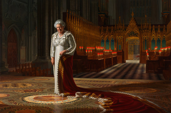 Ralph Heimans’, The Coro<em></em>nation Theatre: Her Majesty Queen Elizabeth II, 2012, oil on canvas. At 2.5 metres high by 3.4 metres wide, it is the largest portrait of the Queen.