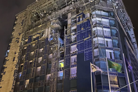 The damaged Kharkiv Palace Hotel is seen after Russia’s missile attack in Kharkiv, Ukraine.