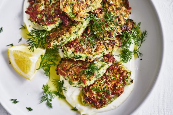 Zucchini and halloumi fritters with garlic yoghurt.