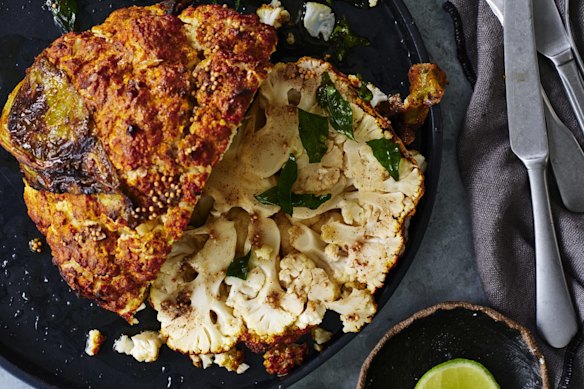 Yoghurt-crusted roast cauliflower with turmeric and ginger.