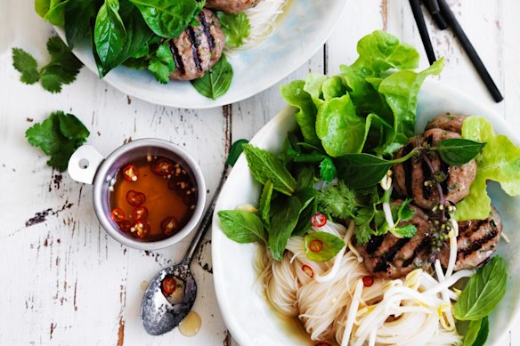 Noodle bowls with Vietnamese pork patties.