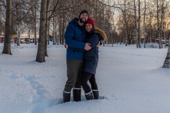 ‘It’s the first white Christmas for both of us’: Anthony and Sophie Hills in Skelleftea, Sweden.