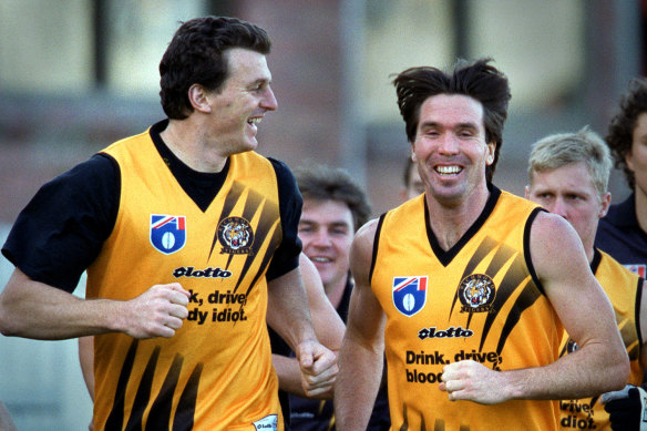 Wayne Campbell and Brendon Gale at a Richmond training session in their playing days. 