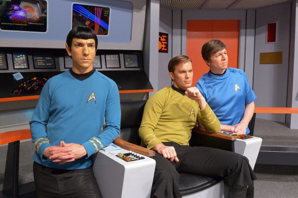 Spock (Brandon Stacy), Kirk (Brian Gross) and McCoy (John M. Kelley) in Star Trek: The New Voyages, a fan-produced online series.