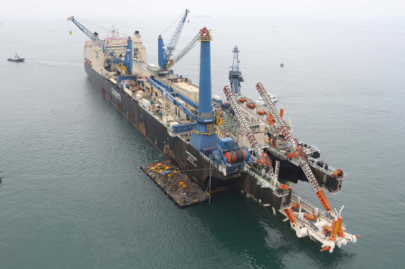 The 330m-long Castorone can accommodate up the 700 workers who weld pipes together before they are laid on the seabed. 