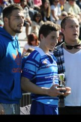 We'll meet again: Cameron Murray with Rabbitohs Sam Burgess and Jason Clark after winning a grand final with Mascot Jets at Redfern Oval in 2013.