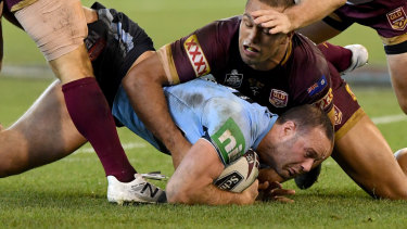One boot: Boyd Cordner lost his boot for several minutes during the State of Origin match after Ben Hunt threw it out of the field of play.