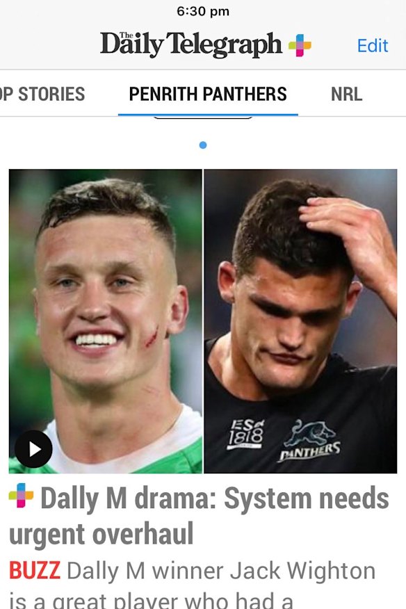 A screenshot from The Daily Telegraph's website which spread over social media before Monday night's Dally M awards.