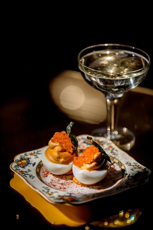 Devilled egg with salmon caviar and gochujang.
