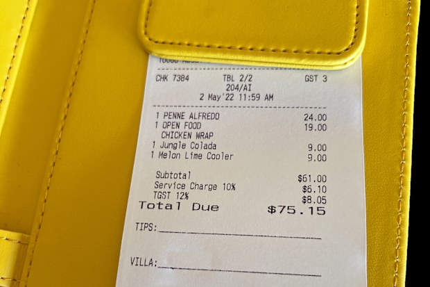 Restaurant bill with a service charge