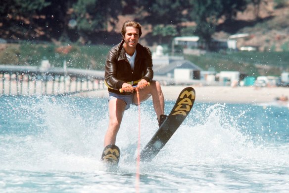 Fonzie (Henry Winkler) in the famous shark-jumping scene from Happy Days.