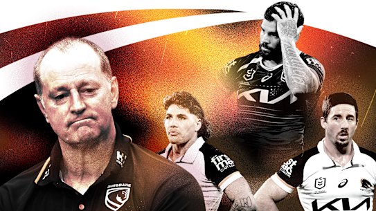 Brisbane Broncos coach Michael Maguire and players Reece Walsh, Adam Reynolds and Ben Hunt.
