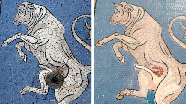The worn Milan bull mosaic in 2007, left, and after the restoration.